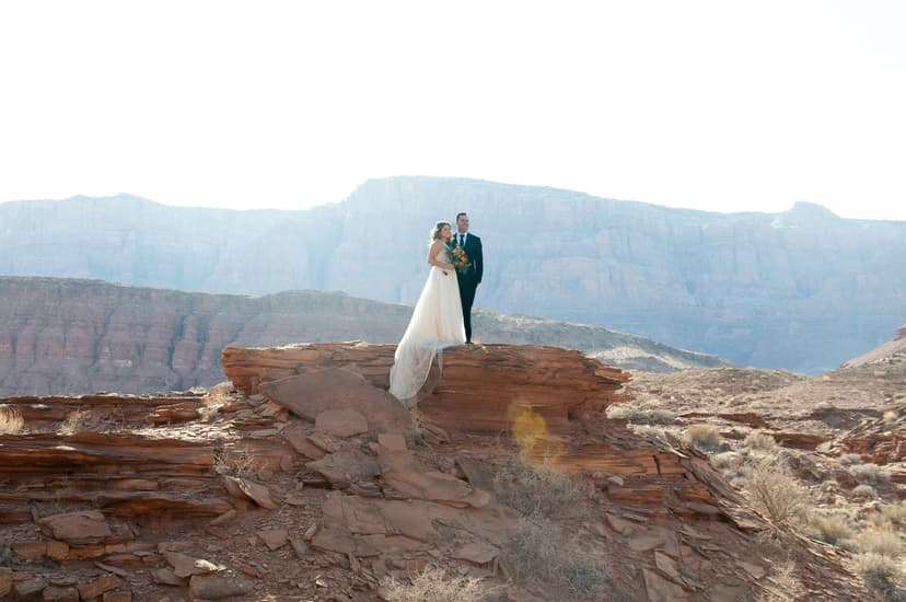 bride and groom standing on rock